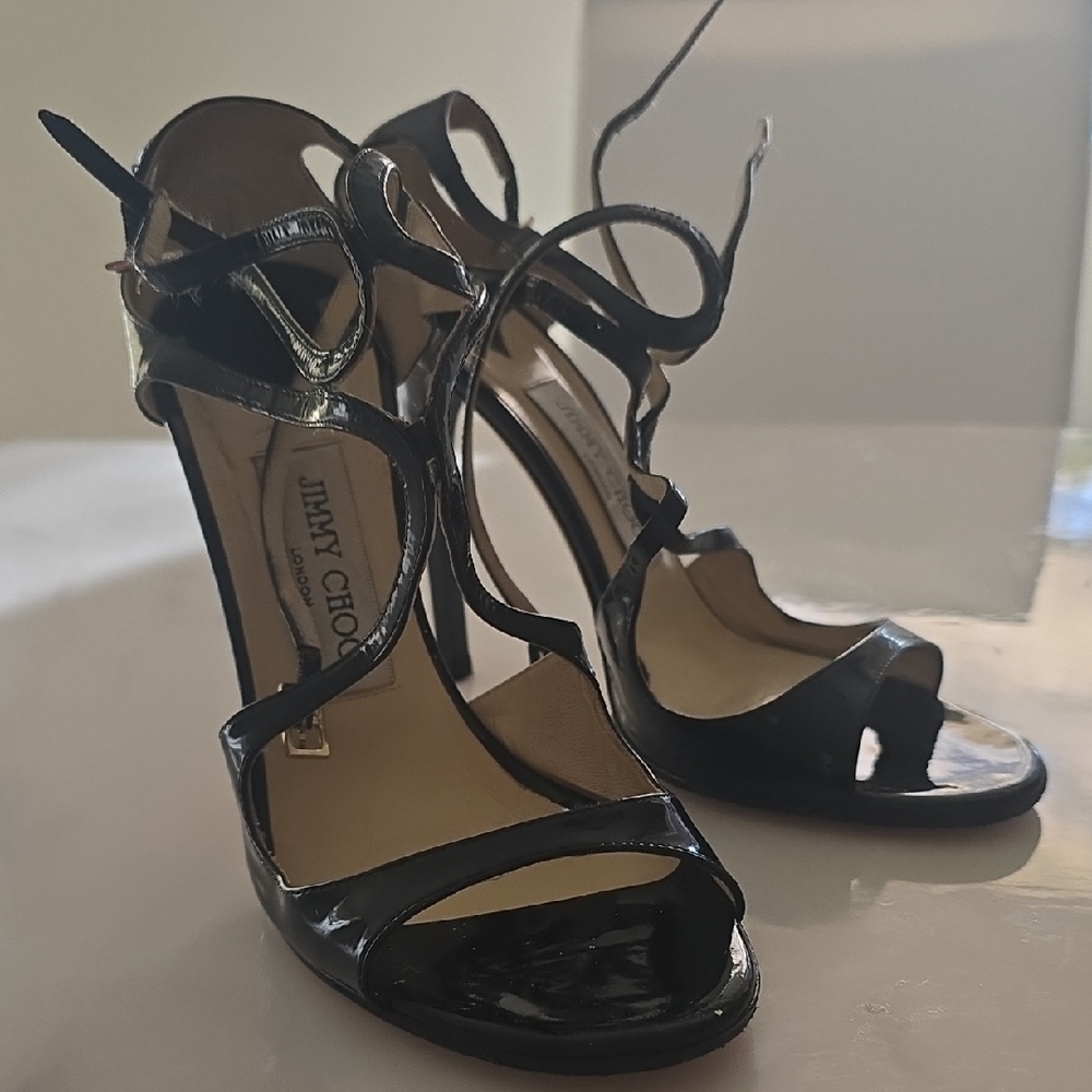 Jimmy Choo Black Patent Leather Strappy Stiletto Sandals